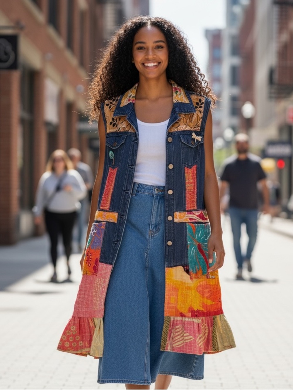 Upcycled Denim Duster Vest Kantha Patchwork Boho Wearable Art Festival Jacket L